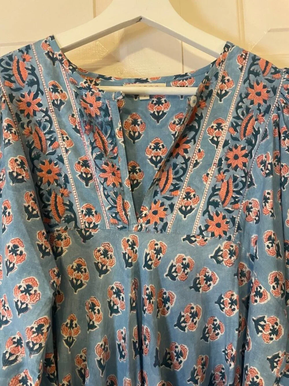 Marea Cotton blue floral Print Baloon Sleeve House dress Maxi Dress Sz 3 large - Picture 5 of 8
